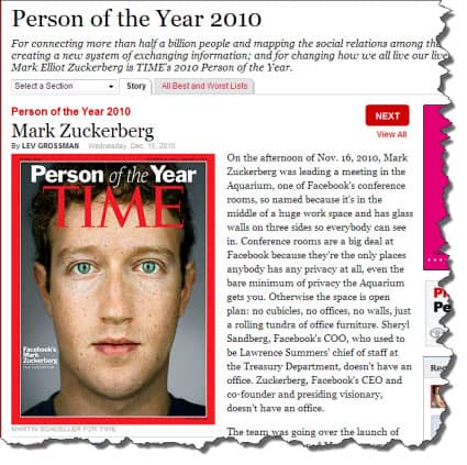 Mark Zuckerberg, Time Person of the Year 2010